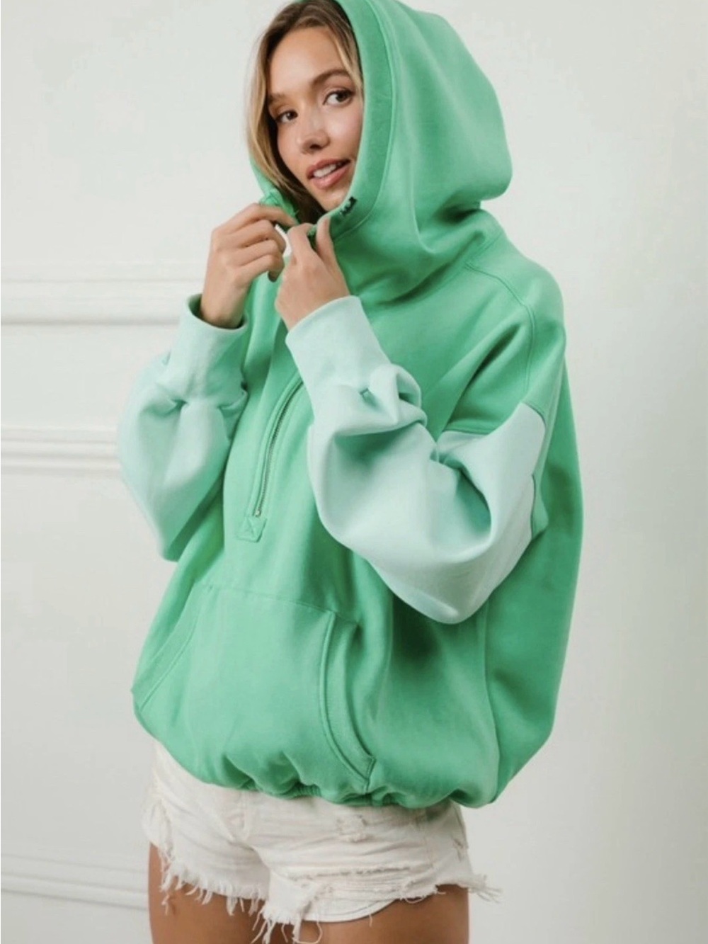BiBi Fleece Hoodie Sweater sweatshirt Jacket Mint Green Half Zip Elastic Hem Med - Picture 3 of 5